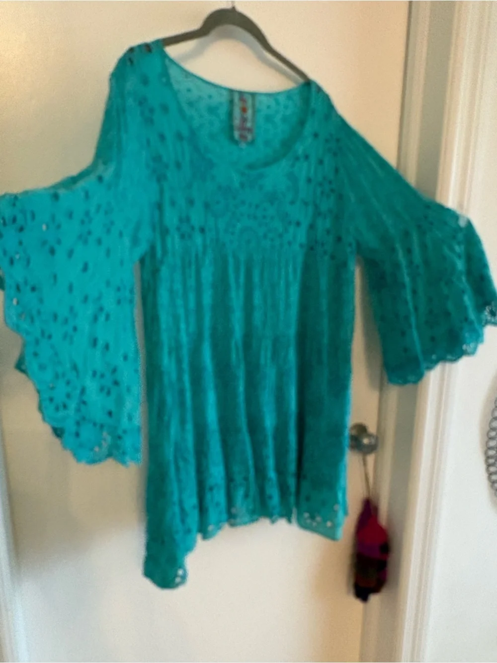 JOHNNY WAS Turquoise Floral Eyelet Bell Sleeve Tiered Tunic or Dress! Relax fit